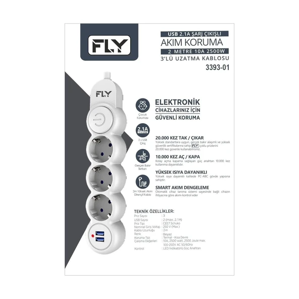 FLY Akım Korumalı Priz 3'lü, 2 Metre, 2 USB 2.1A - 4