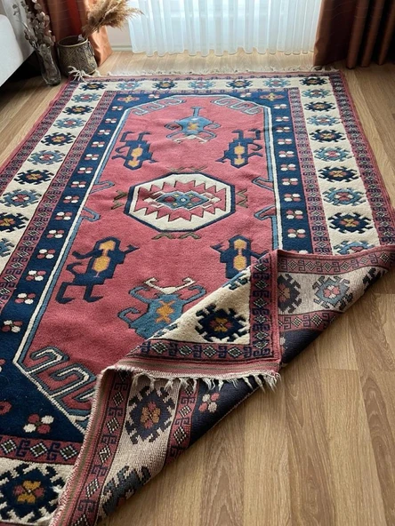 162x230 cm Vintage El Dokuma Canlı Renkli Halı, Büyük El Dokuma Mavi Pembe Halı, Türk Yün Ev & Ofis - 6