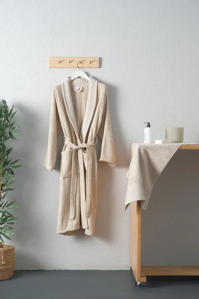 Tuwa Unisex Pamuklu XL Beden Tekli Bornoz Seti - Bej