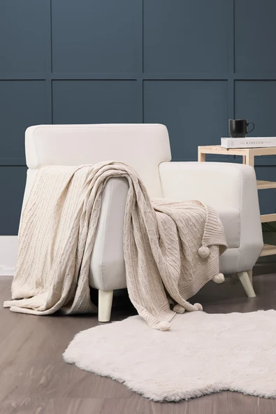 Biocotton Triko Ponponlu Örgü Tv Battaniyesi - Bej - 4