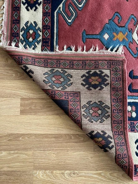 162x230 cm Vintage El Dokuma Canlı Renkli Halı, Büyük El Dokuma Mavi Pembe Halı, Türk Yün Ev & Ofis - 5