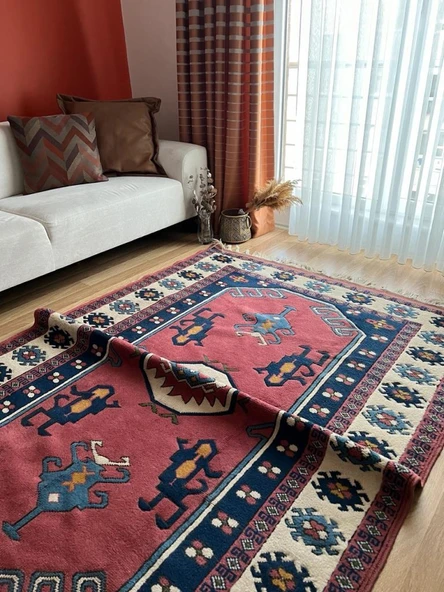 162x230 cm Vintage El Dokuma Canlı Renkli Halı, Büyük El Dokuma Mavi Pembe Halı, Türk Yün Ev & Ofis - 7