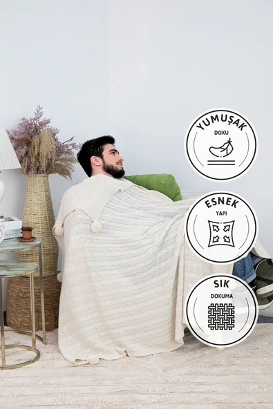 Biocotton Triko Ponponlu Örgü Tv Battaniyesi - Bej
