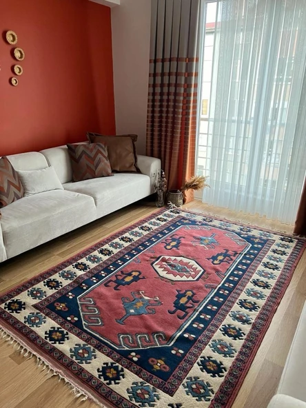 162x230 cm Vintage El Dokuma Canlı Renkli Halı, Büyük El Dokuma Mavi Pembe Halı, Türk Yün Ev & Ofis - 4