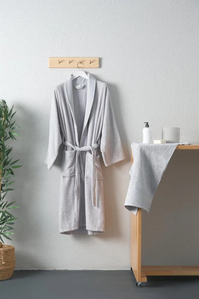 Tuwa Unisex Pamuklu L Beden Tekli Bornoz Seti - Gri