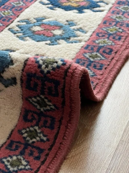 162x230 cm Vintage El Dokuma Canlı Renkli Halı, Büyük El Dokuma Mavi Pembe Halı, Türk Yün Ev & Ofis - 2