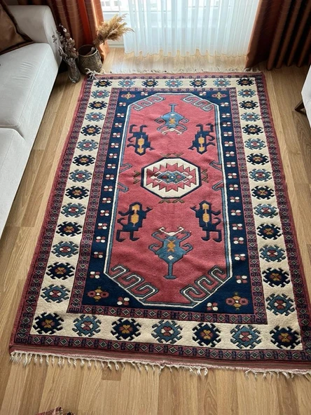 162x230 cm Vintage El Dokuma Canlı Renkli Halı, Büyük El Dokuma Mavi Pembe Halı, Türk Yün Ev & Ofis
