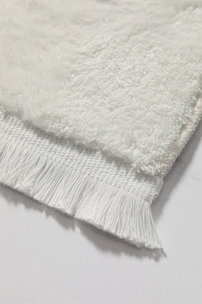 Püsküllü Peluş Kaydırmaz Taban 2li Paspas Takımı - Beyaz - 3