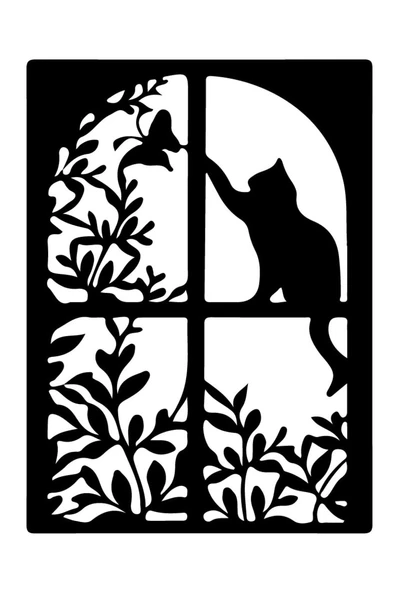 Pencere Kedi Ve Kuş Duvar Dekor Sticker 45 X 60 Cm