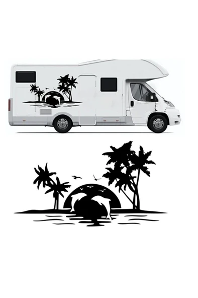Palmiye Ve Yunuslar Kamp Karavan Sticker 120 X 60 Cm