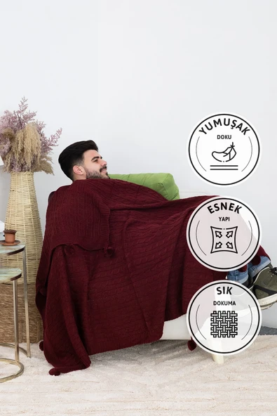 Biocotton Triko Ponponlu Örgü Tv Battaniyesi - Bordo
