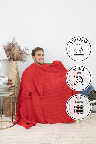 Biocotton Triko Ponponlu Örgü Tv Battaniyesi - Kırmızı