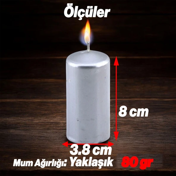 Baton Mum Metalik Kaplama Gümüş Silindir Dekoratif Mumu Kandil Hediyelik Mumlar Şamdan Kokusuz 8 cm - 3