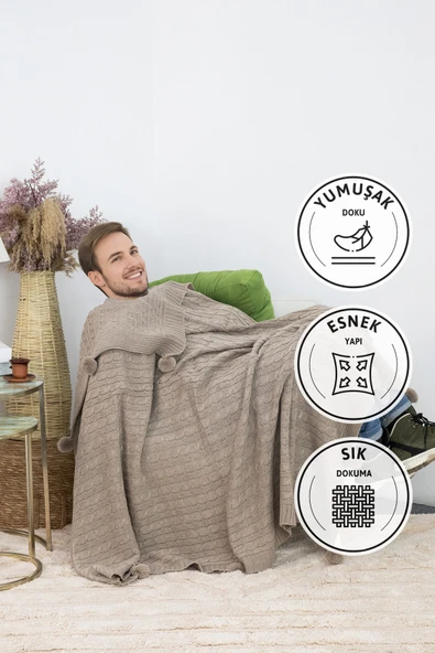 Biocotton Triko Ponponlu Örgü Tv Battaniyesi - Vizon