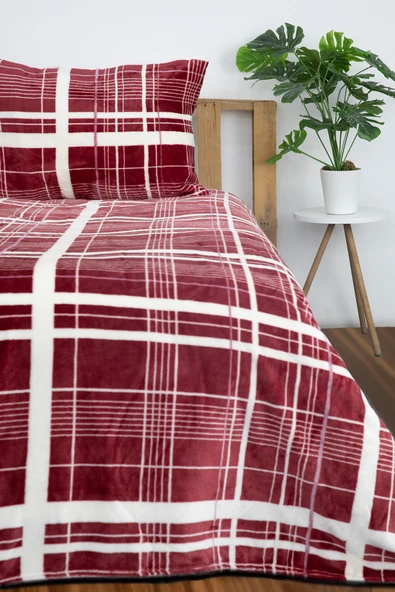 2 Parça Woolly Tek Kişilik Battaniye Yatak Örtüsü Seti - Bordo - 3