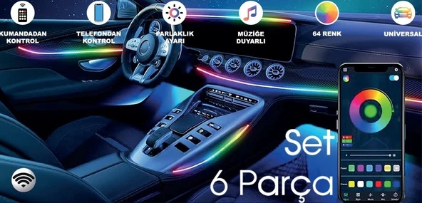 Araç Içi usbli 6 Parça  Atmosfer Ambiyans Led Rgb Ip Neon Telefon+ Wifi+Kumanda Kontrollü - 2