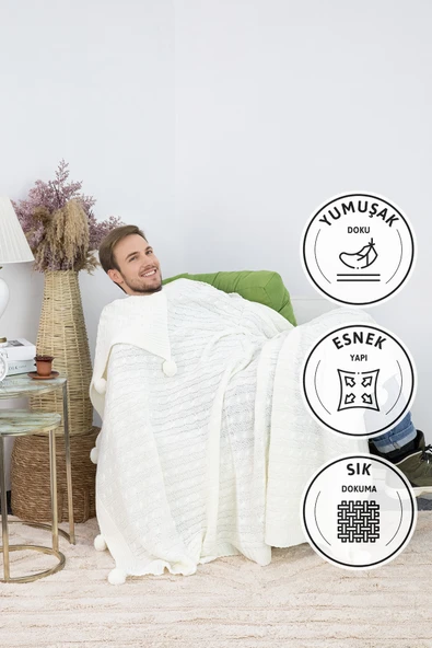 Biocotton Triko Ponponlu Örgü Tv Battaniyesi - Krem