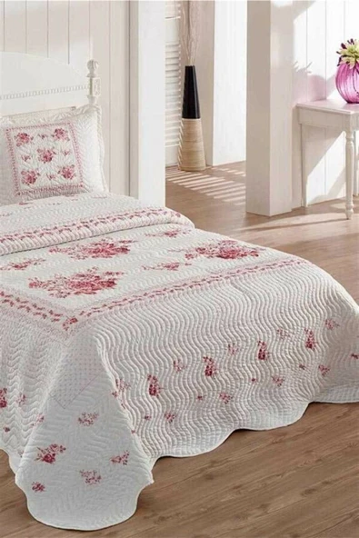 Örtüm Flower Çift Kişilik Kapitone Yatak Örtüsü Takımı - Pembe - 2