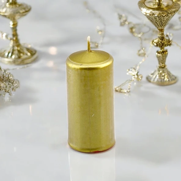 Baton Mum Metalik Kaplama Gold Silindir Dekoratif Mumu Kandil Hediyelik Mumlar Şamdan Kokusuz 8 cm - 4
