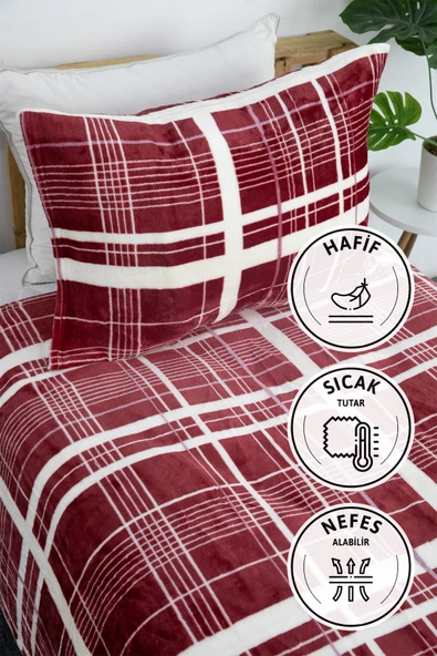 2 Parça Woolly Tek Kişilik Battaniye Yatak Örtüsü Seti - Bordo - 2