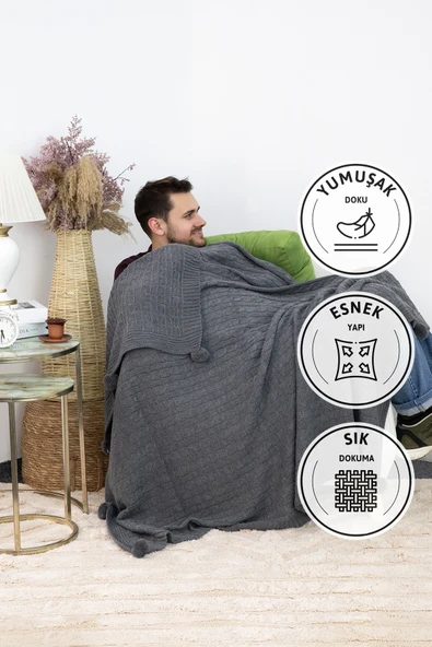 Biocotton Triko Ponponlu Örgü Tv Battaniyesi - Antrasit