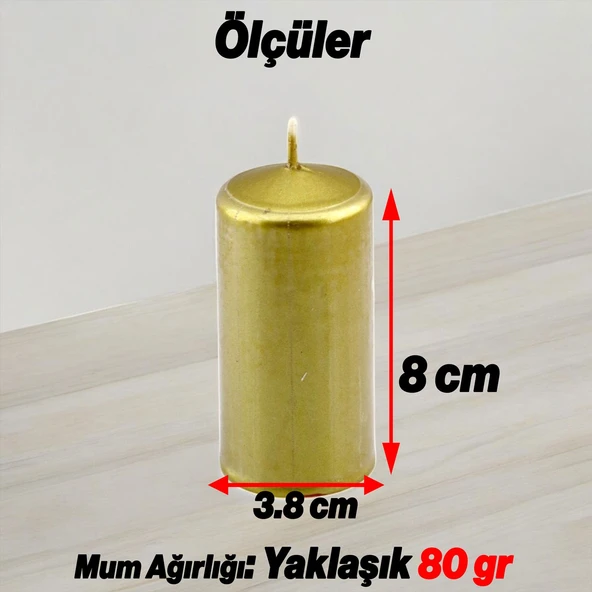 Baton Mum Metalik Kaplama Gold Silindir Dekoratif Mumu Kandil Hediyelik Mumlar Şamdan Kokusuz 8 cm - 3