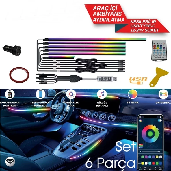 Araç Içi usbli 6 Parça  Atmosfer Ambiyans Led Rgb Ip Neon Telefon+ Wifi+Kumanda Kontrollü