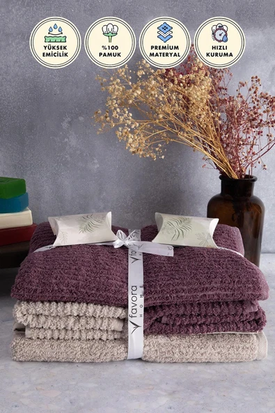 Line %100 Pamuk Luxury 6 Parça Havlu Hamam Seti - Bej Mürdüm