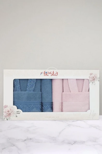 Fiesta Pamuklu Jakarlı Aile Bornoz Seti - Lacivert - Pembe - 2