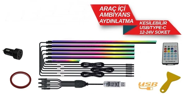 Araç Içi usbli 6 Parça  Atmosfer Ambiyans Led Rgb Ip Neon Telefon+ Wifi+Kumanda Kontrollü - Resim 3