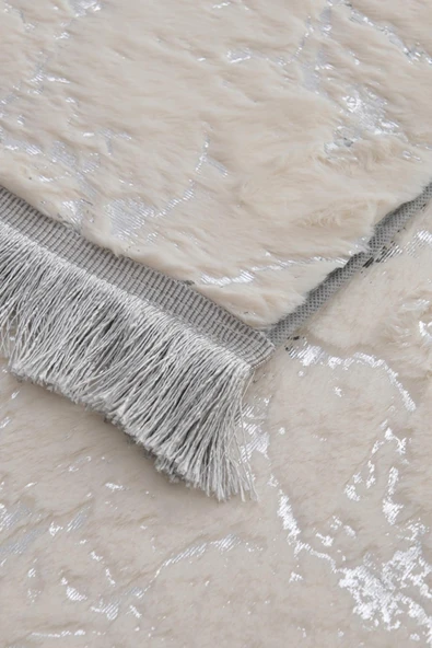 Simli Tavşan Tüyü 2li Banyo Paspas Takımı - Krem - Gümüş - 2