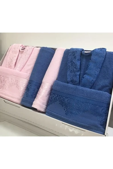 Fiesta Pamuklu Jakarlı Aile Bornoz Seti - Lacivert - Pembe - 3