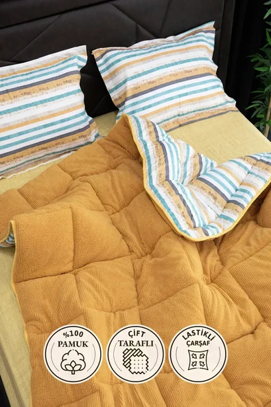 Oso Blanco Sherpa Çift Kişilik Comforter Uyku Seti - Hardal