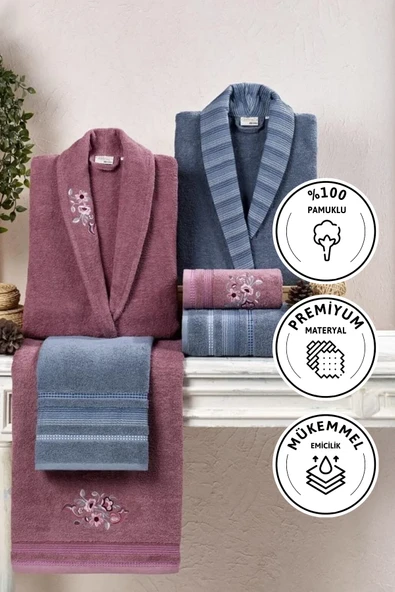 Kristal Soft Cotton Nakışlı 6 Parça Aile Bornoz Takımı - İndigo - Gül Kurusu