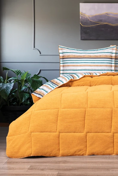 Oso Blanco Sherpa Çift Kişilik Comforter Uyku Seti - Hardal - Resim 4