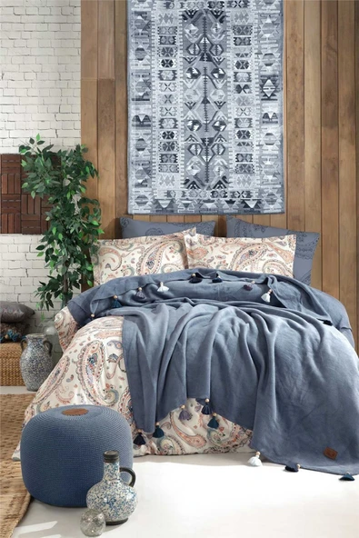 Boho Chic Çift Kişilik Püsküllü Battaniyeli Nevresim Takımı - Mavi
