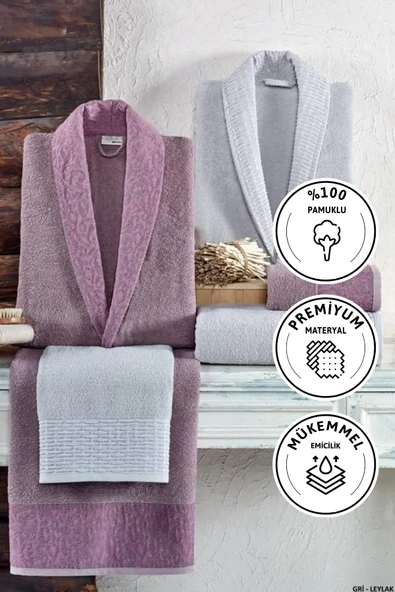 Kristal Dream Jakarlı 6 Parça Aile Bornoz Takımı - Gri - Leylak