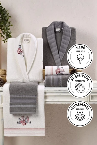 Kristal Soft Cotton Nakışlı 6 Parça Aile Bornoz Takımı - Antrasit - Ekru
