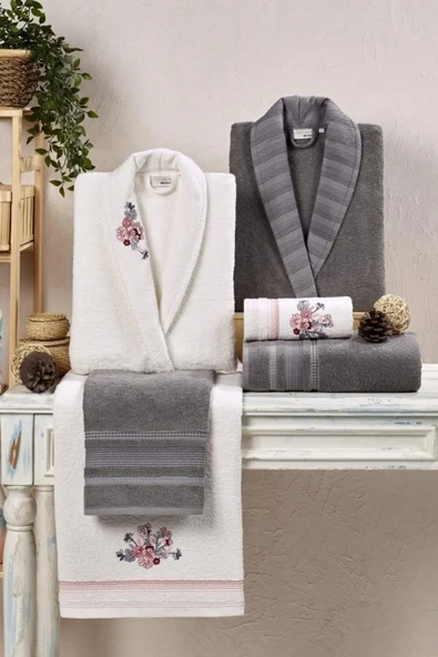 Kristal Soft Cotton Nakışlı 6 Parça Aile Bornoz Takımı - Antrasit - Ekru - 2