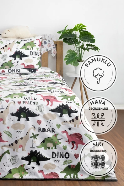 Dino %100 Pamuk Tek Kişilik Nevresim Seti - Yeşil