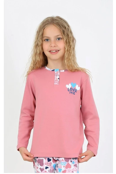 Kız Çocuk Love Me Baklı Uzun Kollu %100 Pamuklu Düğme Detaylı Pijama Takımı  6/9 Yaş - 2