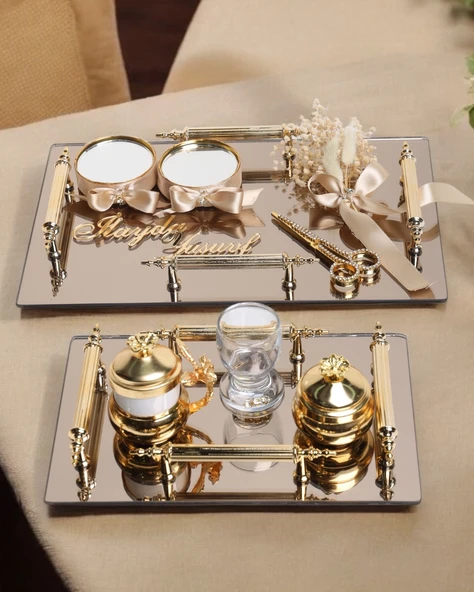 Reverence Gold 4 Kulplu Söz Tepsisi ve Damat Kahve Fincanı BRONZ