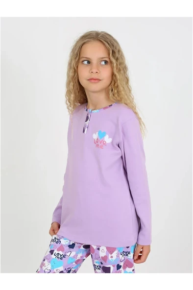 Kız Çocuk Love Me Baklı Uzun Kollu %100 Pamuklu Düğme Detaylı Pijama Takımı  6/9 Yaş - 3