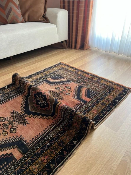95 x 158 cm Antik Türk Halısı, Nostaljik Uşak Halısı, El Yapımı Yıkanabilir Yün Halı, Vintage Tutkunları İçin Ev Dekoru - 3