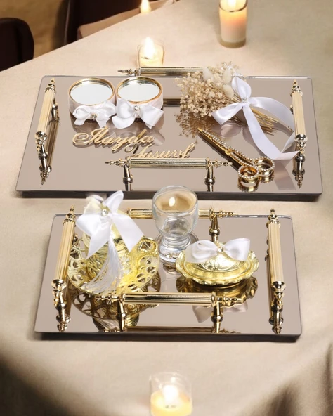 Reverence Gold 4 Kulplu Söz Tepsisi ve Damat Kahve Fincanı Beyaz