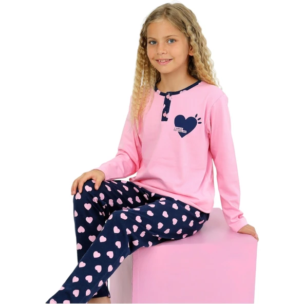 Kız Çocuk Love Me Baklı Uzun Kollu %100 Pamuklu Düğme Detaylı Pijama Takımı  6/9 Yaş