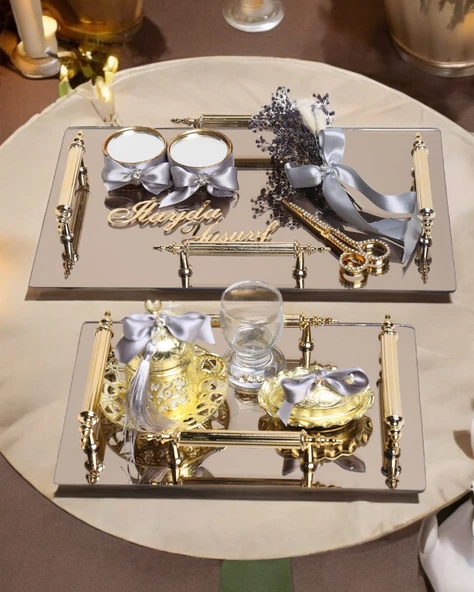 Reverence Gold 4 Kulplu Söz Tepsisi ve Damat Kahve Fincanı GRİ