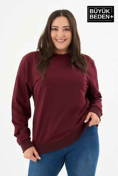 Kadın Büyük Beden Bisiklet Yaka İnce Sweatshirt SPR24BSWK56 ürün görseli 1