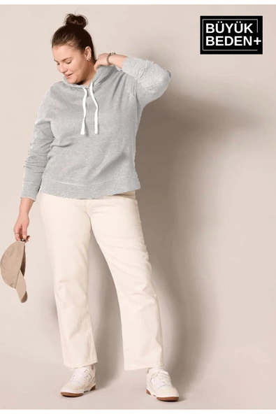 Kadın Büyük Beden Kapşonlu ince Sweatshirt SPR24BSWK57 - 4