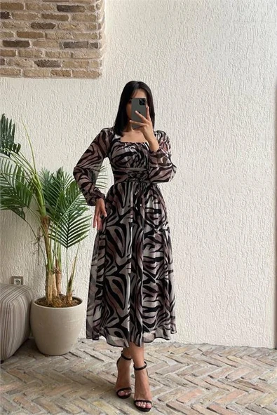 Dipmoda kadın bel detaylı desenli şifon elbise DPMY3596